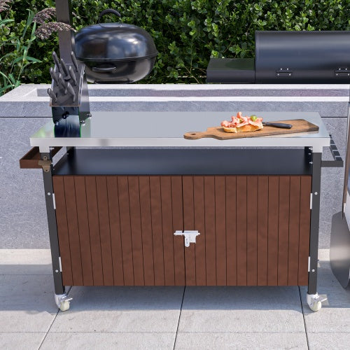 Outdoor Grill Cart With Stainless Steel Tabletop, Storage, Patio Kitchen Island With Wheels, Hooks, And Spice Rack, Waterproof Outdoor Grill Table, Movable BBQ Serving Cart Rolling Bar Cart