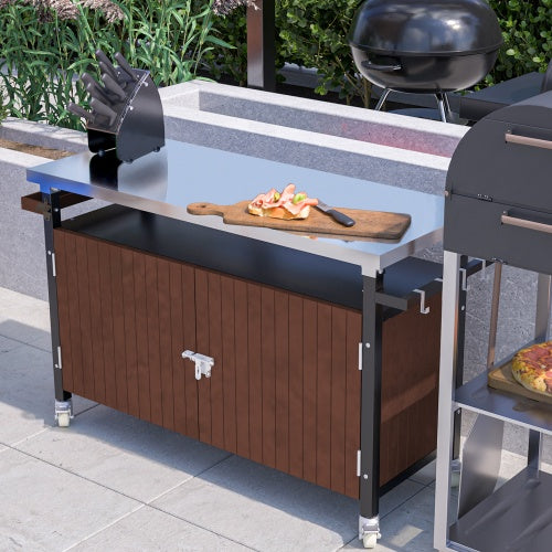 Outdoor Grill Cart With Stainless Steel Tabletop, Storage, Patio Kitchen Island With Wheels, Hooks, And Spice Rack, Waterproof Outdoor Grill Table, Movable BBQ Serving Cart Rolling Bar Cart