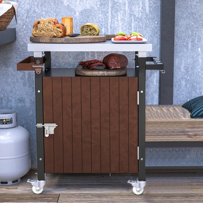 Outdoor Grill Cart With Stainless Steel Tabletop, Storage, Patio Kitchen Island With Wheels, Hooks, And Spice Rack, Waterproof Outdoor Grill Table, Movable BBQ Serving Cart Rolling Bar Cart