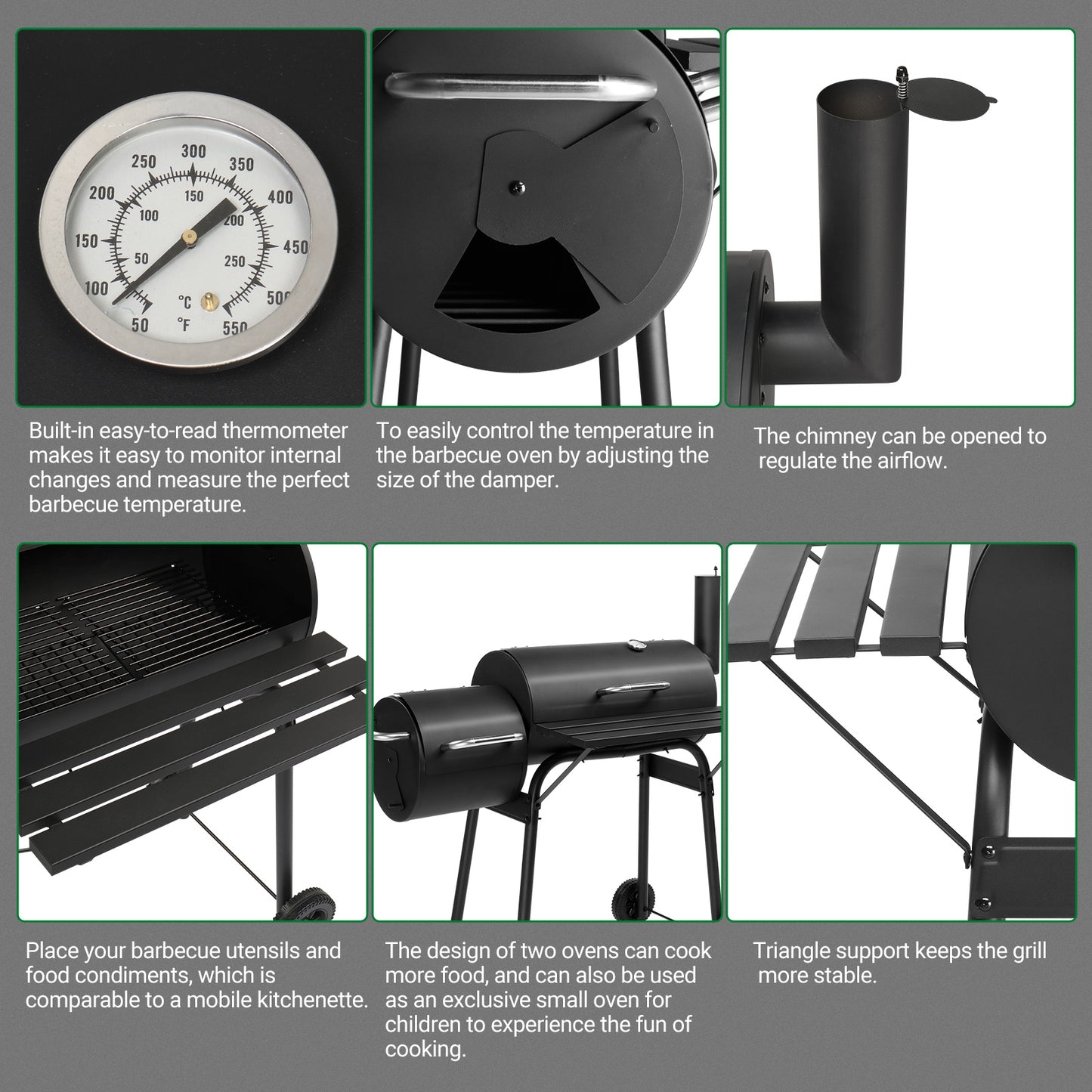 111x54x93cm Black, Double Cylinder, Wheeled, Smoked, Charcoal Grill