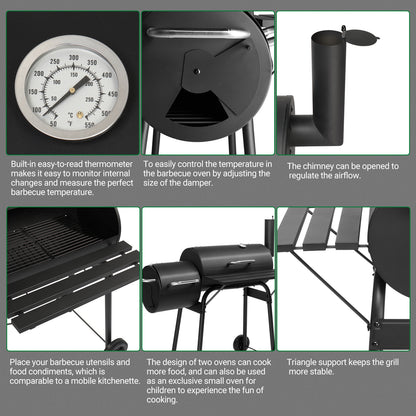 111x54x93cm Black, Double Cylinder, Wheeled, Smoked, Charcoal Grill