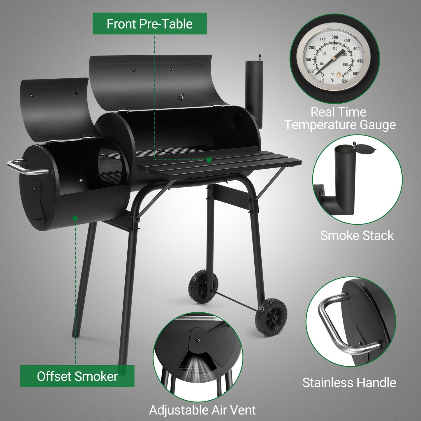 111x54x93cm Black, Double Cylinder, Wheeled, Smoked, Charcoal Grill