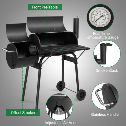 111x54x93cm Black, Double Cylinder, Wheeled, Smoked, Charcoal Grill