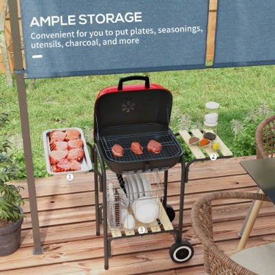 Outsunny 17 Portable Charcoal Grill With Wheels, 2 Side Tables And Bottom Shelf, BBQ With Adjustable Vents On Lid For Picnic, Camping, Backyard, Cooking, Red