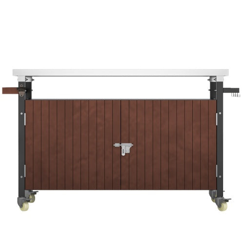 Outdoor Grill Cart With Stainless Steel Tabletop, Storage, Patio Kitchen Island With Wheels, Hooks, And Spice Rack, Waterproof Outdoor Grill Table, Movable BBQ Serving Cart Rolling Bar Cart