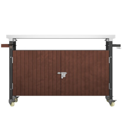 Outdoor Grill Cart With Stainless Steel Tabletop, Storage, Patio Kitchen Island With Wheels, Hooks, And Spice Rack, Waterproof Outdoor Grill Table, Movable BBQ Serving Cart Rolling Bar Cart