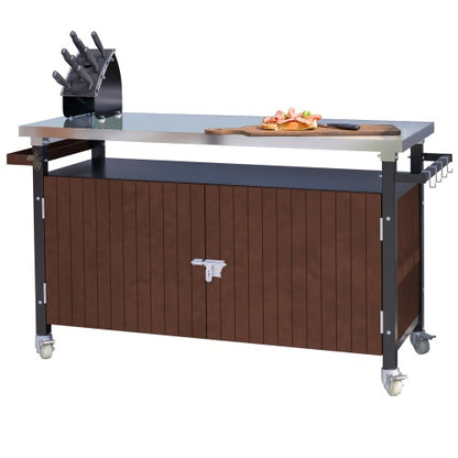 Outdoor Grill Cart With Stainless Steel Tabletop, Storage, Patio Kitchen Island With Wheels, Hooks, And Spice Rack, Waterproof Outdoor Grill Table, Movable BBQ Serving Cart Rolling Bar Cart