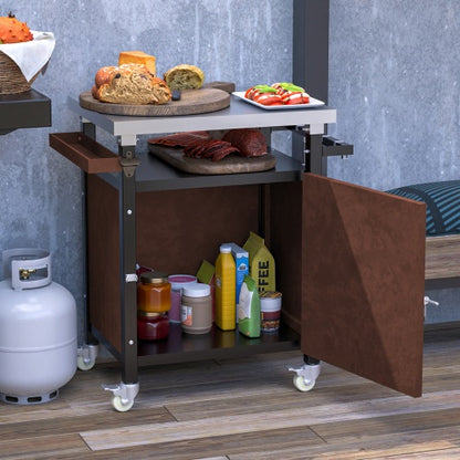 Outdoor Grill Cart With Stainless Steel Tabletop, Storage, Patio Kitchen Island With Wheels, Hooks, And Spice Rack, Waterproof Outdoor Grill Table, Movable BBQ Serving Cart Rolling Bar Cart