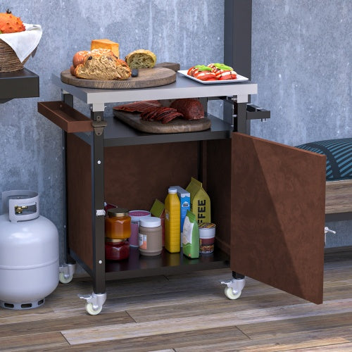Outdoor Grill Cart With Stainless Steel Tabletop, Storage, Patio Kitchen Island With Wheels, Hooks, And Spice Rack, Waterproof Outdoor Grill Table, Movable BBQ Serving Cart Rolling Bar Cart