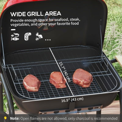 Outsunny 17 Portable Charcoal Grill With Wheels, 2 Side Tables And Bottom Shelf, BBQ With Adjustable Vents On Lid For Picnic, Camping, Backyard, Cooking, Red