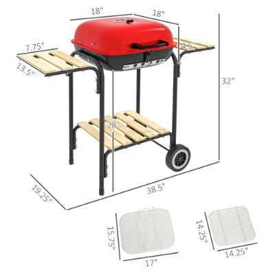 Outsunny 17 Portable Charcoal Grill With Wheels, 2 Side Tables And Bottom Shelf, BBQ With Adjustable Vents On Lid For Picnic, Camping, Backyard, Cooking, Red