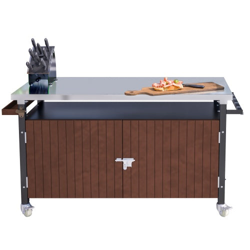Outdoor Grill Cart With Stainless Steel Tabletop, Storage, Patio Kitchen Island With Wheels, Hooks, And Spice Rack, Waterproof Outdoor Grill Table, Movable BBQ Serving Cart Rolling Bar Cart