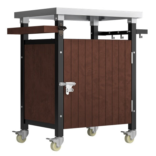 Outdoor Grill Cart With Stainless Steel Tabletop, Storage, Patio Kitchen Island With Wheels, Hooks, And Spice Rack, Waterproof Outdoor Grill Table, Movable BBQ Serving Cart Rolling Bar Cart