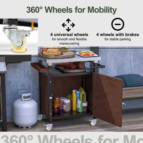 Outdoor Grill Cart With Stainless Steel Tabletop, Storage, Patio Kitchen Island With Wheels, Hooks, And Spice Rack, Waterproof Outdoor Grill Table, Movable BBQ Serving Cart Rolling Bar Cart