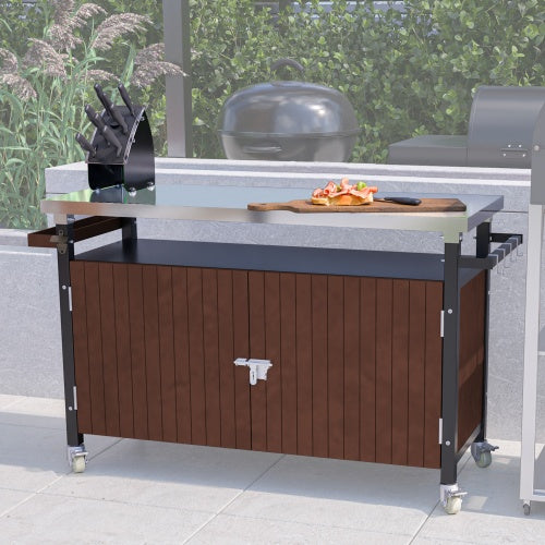 Outdoor Grill Cart With Stainless Steel Tabletop, Storage, Patio Kitchen Island With Wheels, Hooks, And Spice Rack, Waterproof Outdoor Grill Table, Movable BBQ Serving Cart Rolling Bar Cart