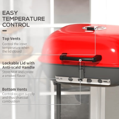 Outsunny 17 Portable Charcoal Grill With Wheels, 2 Side Tables And Bottom Shelf, BBQ With Adjustable Vents On Lid For Picnic, Camping, Backyard, Cooking, Red